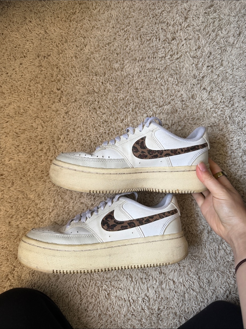 Nike White Platform Sneakers with Leopard-Print Swoosh